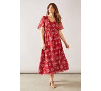 Wallis Floral Chiffon Shirred Waist Midaxi Dress red 14