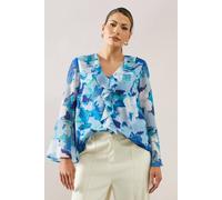 Wallis Floral Lace Trim Ruffle Chiffon Blouse In Blue blue 8