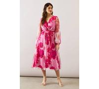 Wallis Women's Floral Mesh Satin Tie Midi Dress in Pink | Size: 10 Wallis Pink 10