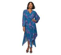 Wallis Floral Pleated Asymmetric Wrap Dress, 14, Teal