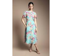 Wallis Women's Floral Polka Dot Burn Out Ruched Midi Dress in Blue | Size: 18 Wallis Blue 18