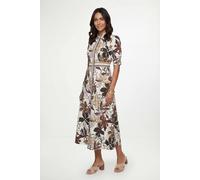 Wallis Floral Print Button Midi Shirt Dress In Brown brown