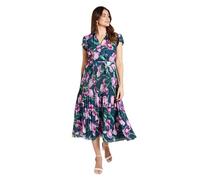 Wallis Floral Ruffle Neck Pleated Midi Dress, 14, Green