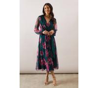 Wallis Floral Spot Mesh Satin Tie Midi Dress In Teal teal