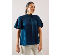 Wallis Hammered Satin Shirred Neck Blouse In Navy navy
