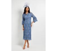 Wallis Lace Button Flute Sleeve Midi Dress In Blue blue