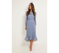 Wallis Lace High Neck Ruffle Midi Dress In Blue blue