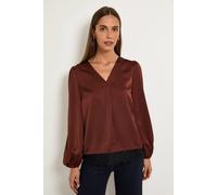 Wallis Women's Lace Trim V Neck Blouse in Chocolate | Size: 14 Wallis Chocolate 14