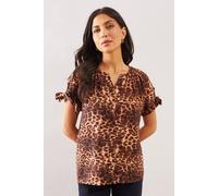 Wallis Leopard Tie Sleeve Collarless Top In Natural natural