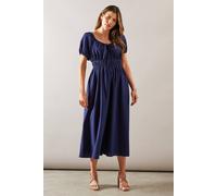 Wallis Linen Mix Shirred Waist Midi Dress In Indigo indigo 12