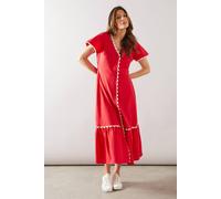 Wallis Linen Trim Detail Buttoned Midi Dress In Red red 14