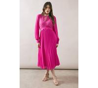 Wallis Women's Occasion Lace Insert Pleated Midi Dress in Magenta Pink | Size: 16 Wallis Magenta Pink 16