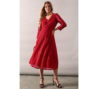 Wallis Occasion Lace Ruffle Front Crop Sleeve Midi Dress In Red red 10