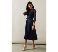 Wallis Occasion Satin And Mesh Overlay Fit And Flare Dress In Navy navy 22