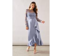Wallis Occasion Satin And Mesh Overlay Ruffle Maxi Dress In Blue blue 10