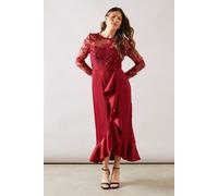 Wallis Occasion Satin And Mesh Overlay Ruffle Maxi Dress In Wine wine