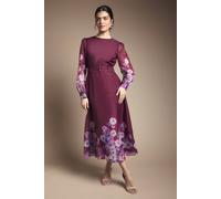 Wallis Organza Floral Print Belted Midi Dress In Berry berry 14
