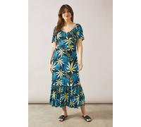 Wallis Palm Print Jersey Elasticated Midi Dress In Blue blue 10