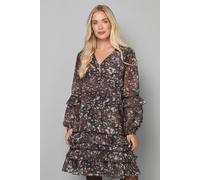 PETITE ABSTRACT PRINT EMBELLISHED RUFFLE SHIFT DRESS Wallis Chocolate 14
