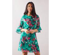 Wallis Petite Abstract Ruffle Sleeve Chiffon Shift Dress In Green green 12