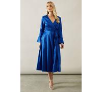 Wallis Petite Animal Satin Jacquard Wrap Midi Dress In Cobalt cobalt 12