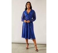 Wallis Petite Blue Leopard Ruffle Wrap Midi Dress blue