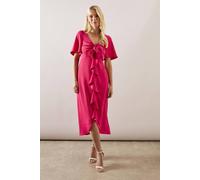 Wallis Petite Bow Detail Ruffle Midi Dress In Pink pink 12