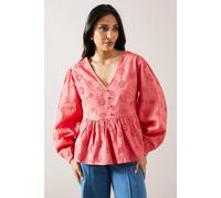 Wallis Petite Broderie Button Blouse In Coral coral 10