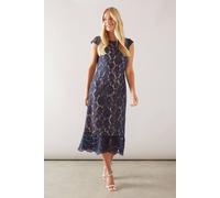 Wallis Petite Cap Sleeve Flute Hem Contrast Lace Pencil Dress In Navy navy 10