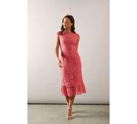 Wallis Petite Cap Sleeve Flute Hem Lace Pencil Dress In Coral coral 14