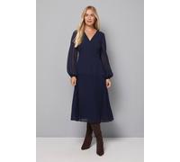 Wallis Petite Chiffon Button Detail Midi Dress, 14, Navy