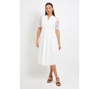 Wallis Petite Cotton Lace Belted Midi Dress In Ivory ivory