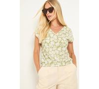 Wallis Petite Fan Print Jersey Bubble Hem V Neck Top In Khaki khaki