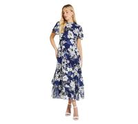 Wallis Petite Floral Burn Out Ruffle Midi Dress, 12, Navy