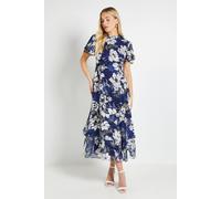 Wallis Petite Floral Burn Out Ruffle Midi Dress, 10, Navy