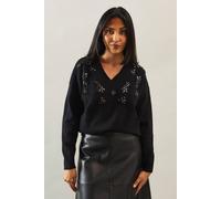 Wallis Petite Floral Embellished V Neck Jumper In Black black S
