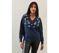 Wallis Petite Floral Embellished V Neck Jumper In Midnight midnight S