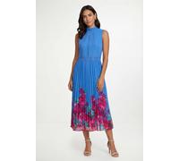Wallis Petite Floral Lace Insert Pleated Midi Dress, 12, Blue