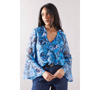 Wallis Petite Floral Lace Trim Ruffle Blouse In Blue blue 18