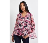 Wallis Petite Floral Lace Trim Ruffle Blouse In Navy navy