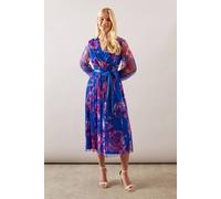Petite Floral Mesh Satin Tie Midi Dress Wallis Blue 14
