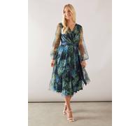 Wallis Petite Floral Mesh Satin Tie Midi Dress In Navy navy