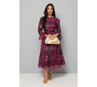 Wallis Petite Floral Organza Flute Sleeve Midi Dress In Black black