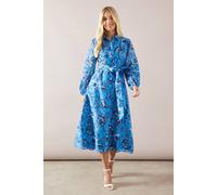 Wallis Petite Floral Organza Printed Midi Shirt Dress In Blue blue 16
