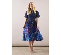 Wallis Petite Floral Organza Puff Sleeve Midi Dress In Navy navy 12