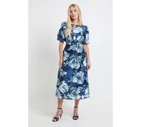 Wallis Women's Petite Floral Organza Puff Sleeve Midi Dress in Navy | Size: 10 Wallis Navy 10
