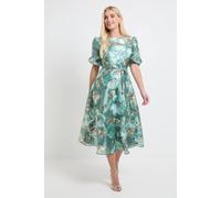 Wallis Petite Floral Organza Puff Sleeve Midi Dress In Sage sage
