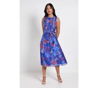 Wallis Petite Floral Pleat Detail Belted Midi Dress In Blue blue