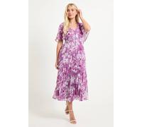 Wallis Petite Floral Pleated Cape Sleeve Midi Dress, 10, Pink