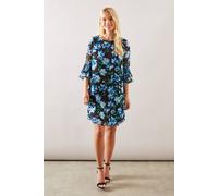 Wallis Petite Floral Print Flute Sleeve Shift Dress In Black black 8